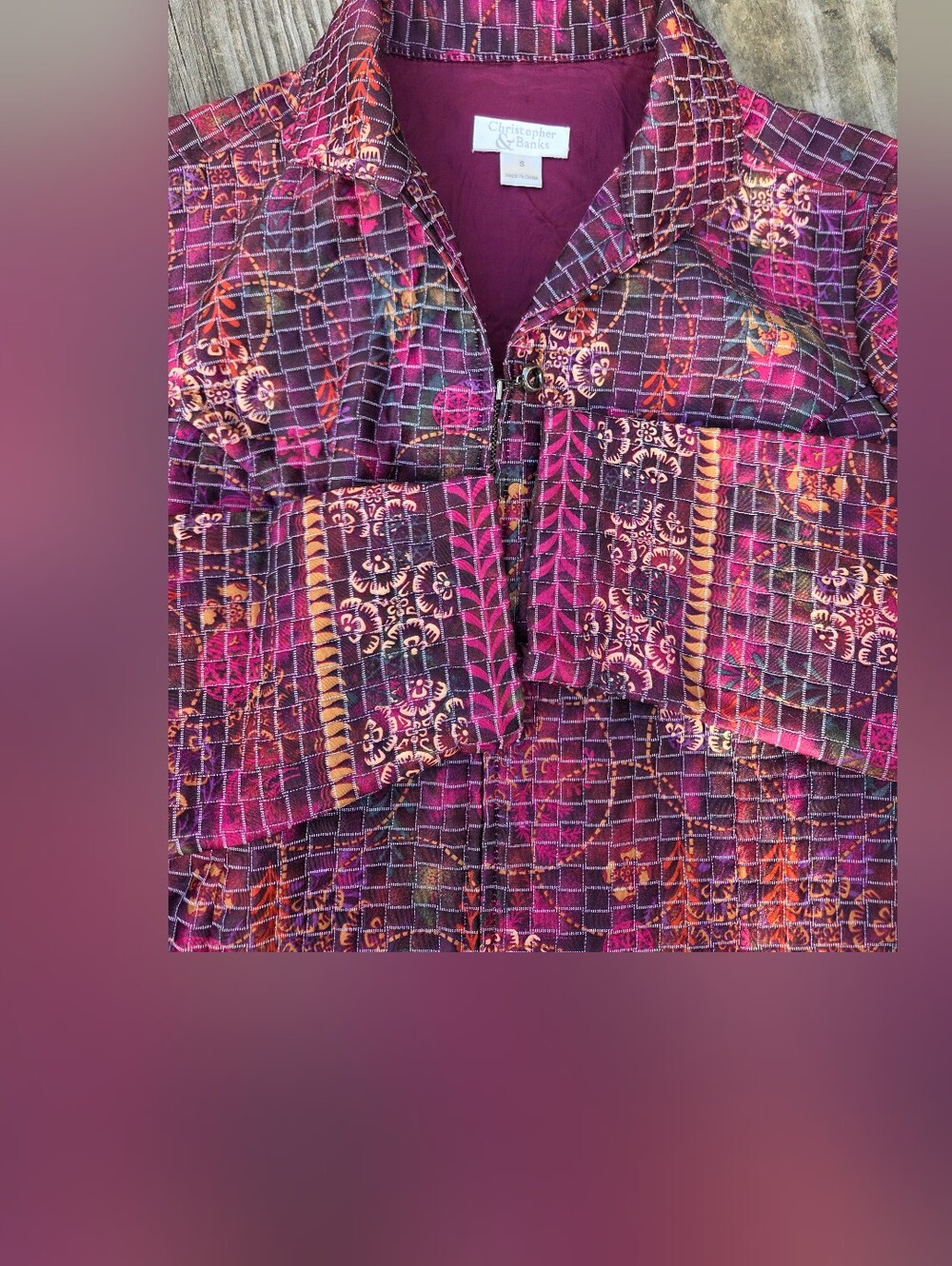 Christopher & Banks Burgundy Floral Grid Tapestry Quilted Zip Blazer Jacket Sz S